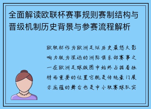 全面解读欧联杯赛事规则赛制结构与晋级机制历史背景与参赛流程解析